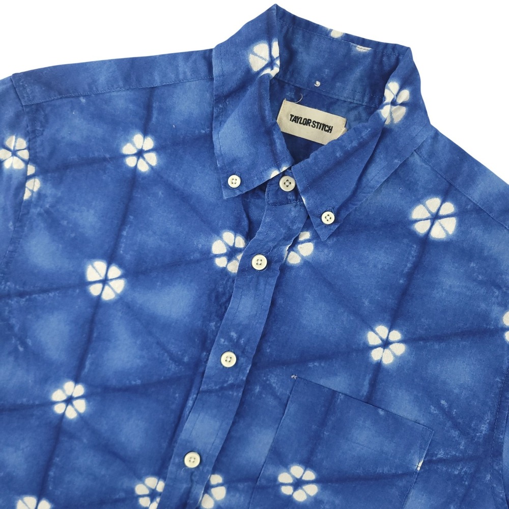 Taylor Stitch Shirt Mens 38 Blue Floral Short Sleeve Button Up Cotton Linen
